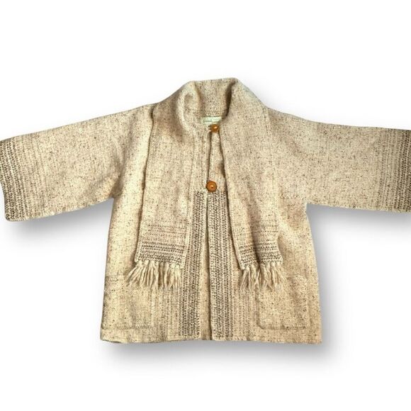 Vintage Shepherds Harvest Knit Wool Cardigan Sweater Oatmeal Fringe Scarf - Picture 1 of 10